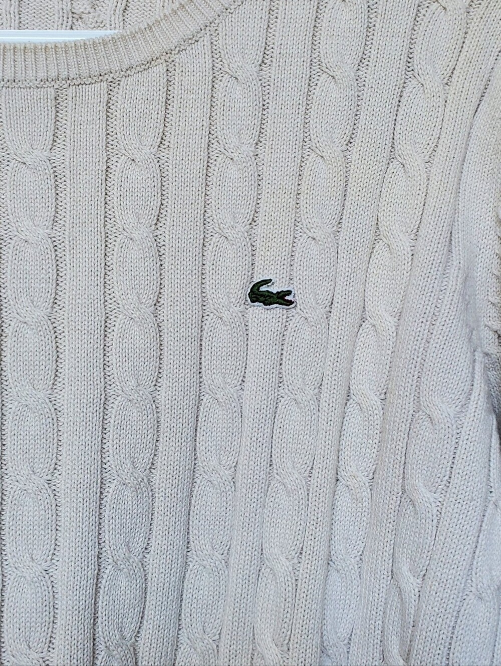 Lacoste Cream Cable Knit Crewneck Sweater with Green Logo. Size XL - Picture 3 of 8